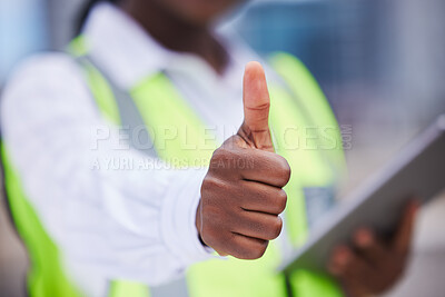 Buy stock photo Thumbs up, yes and architect on industrial site happy with work goal achievement on project. Closeup of construction worker or engineer in agreement of building design for architecture plan.