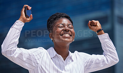 Buy stock photo Winner, celebration and black woman in business happy after winning a corporate achievement outside in summer. Young African female worker excited, smile and hired after successful job promotion