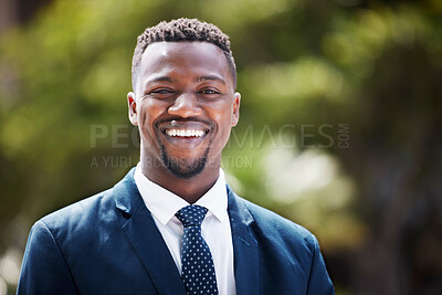 Buy stock photo Smile, happy and motivation for business man, manager and leader alone in city, town or downtown. Portrait of excited corporate worker, businessman or entrepreneur with innovation vision for success