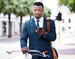 Phone, business and bike with a business man on his morning commute into work in the city. Businessman on the internet with 5g mobile technology on bicycle travel to decrease his carbon footprint