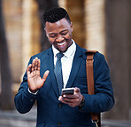 Young African businessman video call on smartphone, outside company office building and communication in city. Portrait of entrepreneur on social media, 5g internet connection with mobile technology.
