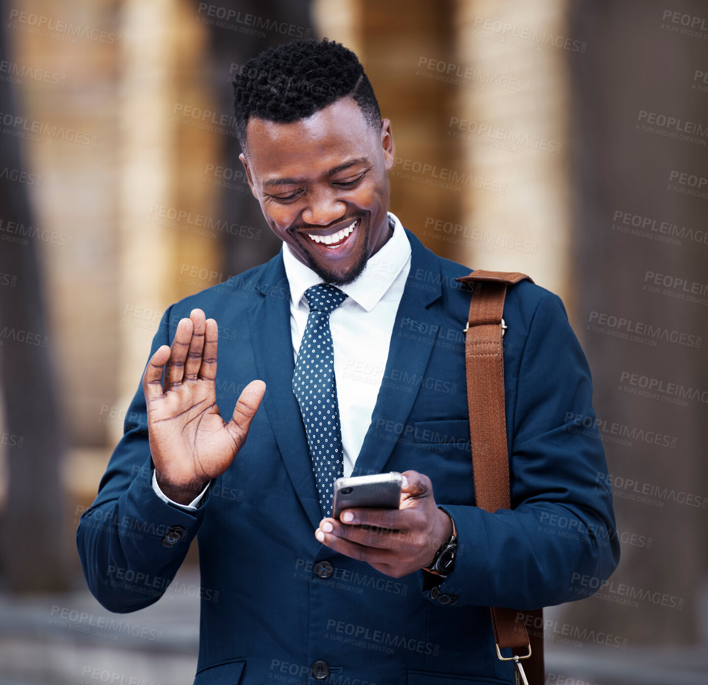 Buy stock photo Young African businessman video call on smartphone, outside company office building and communication in city. Portrait of entrepreneur on social media, 5g internet connection with mobile technology.