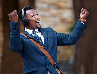 Buy stock photo Businessman, happy and headphones of a worker or employee enjoying wireless connectivity in the outdoors. Excited, social and man listening to 5g connection to music in advertising mockup background.