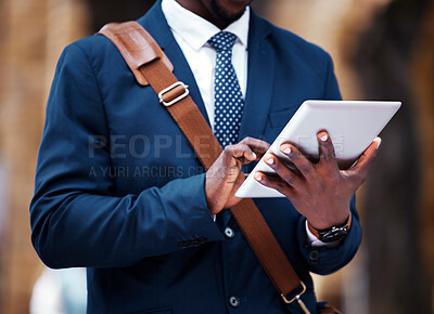 Buy stock photo Hand of business man working on 5g digital tablet in city, typing email online and networking on web. Professional corporate employee planning strategy on internet and marketing on social media