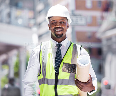 Buy stock photo Business, builder and contractor man holding building plans with a vision for success in construction. Portrait of a happy smiling black man with a plan and idea for architecture design in the city.