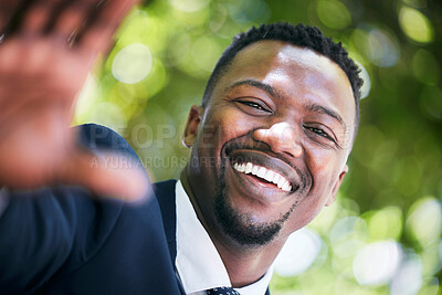Buy stock photo Portrait smile of a happy businessman in the city during summer smiling and looking happy on a sunny day. African american male entrepreneur with happiness on his face because of success in work