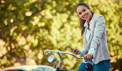Buy stock photo Business woman, travel with bike and phone in sustainable environment or park with trees. Sustainability corporate worker portrait, bicycle and digital carbon footprint for green, healthy lifestyle