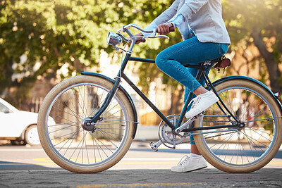 Buy stock photo Adventure, street travel and bike break outdoor in urban city in summer. Woman with vintage bicycle in a road for transport. Sustainability person traveling with health mindset or healthy energy