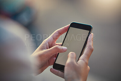 Buy stock photo Smartphone, closeup and mockup of mobile screen while hands are typing. Communication with 5g technology and internet on cellphone. Person holding phone to connect with people while outdoors.