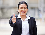 Thumbs up, success and business intern feeling happy, proud and excited about job opportunity or goal. Portrait of entrepreneur feeling like winner, saying thank you and sharing motivation outside