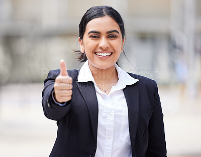 Buy stock photo Thumbs up, success and business intern feeling happy, proud and excited about job opportunity or goal. Portrait of entrepreneur feeling like winner, saying thank you and sharing motivation outside