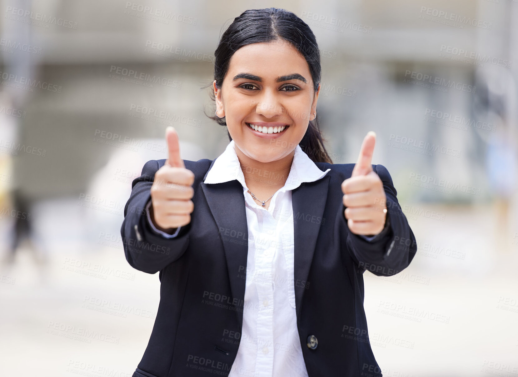 Buy stock photo Thumbs up emoji for motivation, success and thank you for support in urban city. Portrait of a happy, smile and excited business woman, winner and worker with goal, yes vote and trust for good news