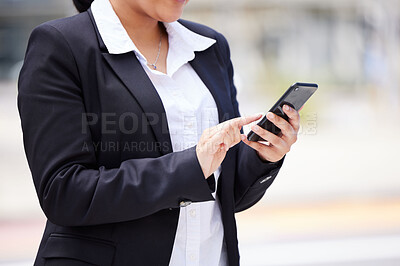 Buy stock photo Online, networking business woman in a suit and smartphone reading email communication, WhatsApp or mobile project management app on the go. Corporate professional hands typing on smartphone in city