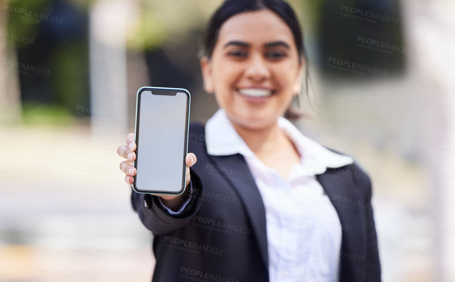 Buy stock photo Mockup space on a phone or mobile screen in a hand of a business woman for advertising or marketing. 5g wireless technology for a brand logo, design app or contact us with an employee or entrepreneur