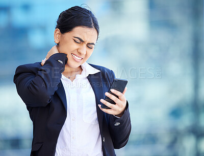 Buy stock photo Headache, injury and neck pain while texting, business woman suffering from hurt spine and poor posture. Female entrepreneur holding head while reading a text, upset by bad news or negative feedback