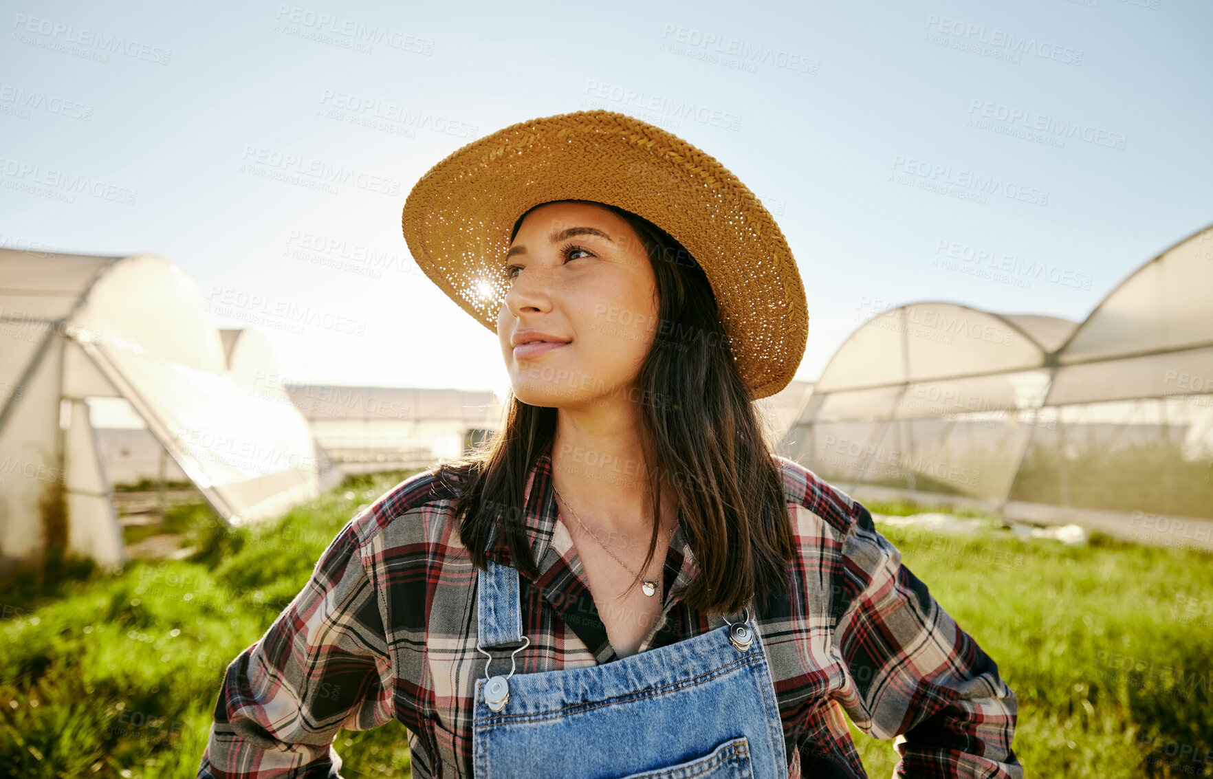 Buy stock photo Greenhouse, plantation and woman farmer thinking in garden field. Farming with carbon capture positive environmental business. Eco friendly company and agriculture for production sustainability.