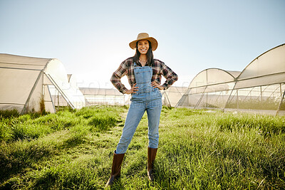 Buy stock photo Greenhouse, agriculture farmer woman in proud and happy portrait with a vision for success and sustainable agriculture development. Sustainability and eco worker or entrepreneur farming in summer