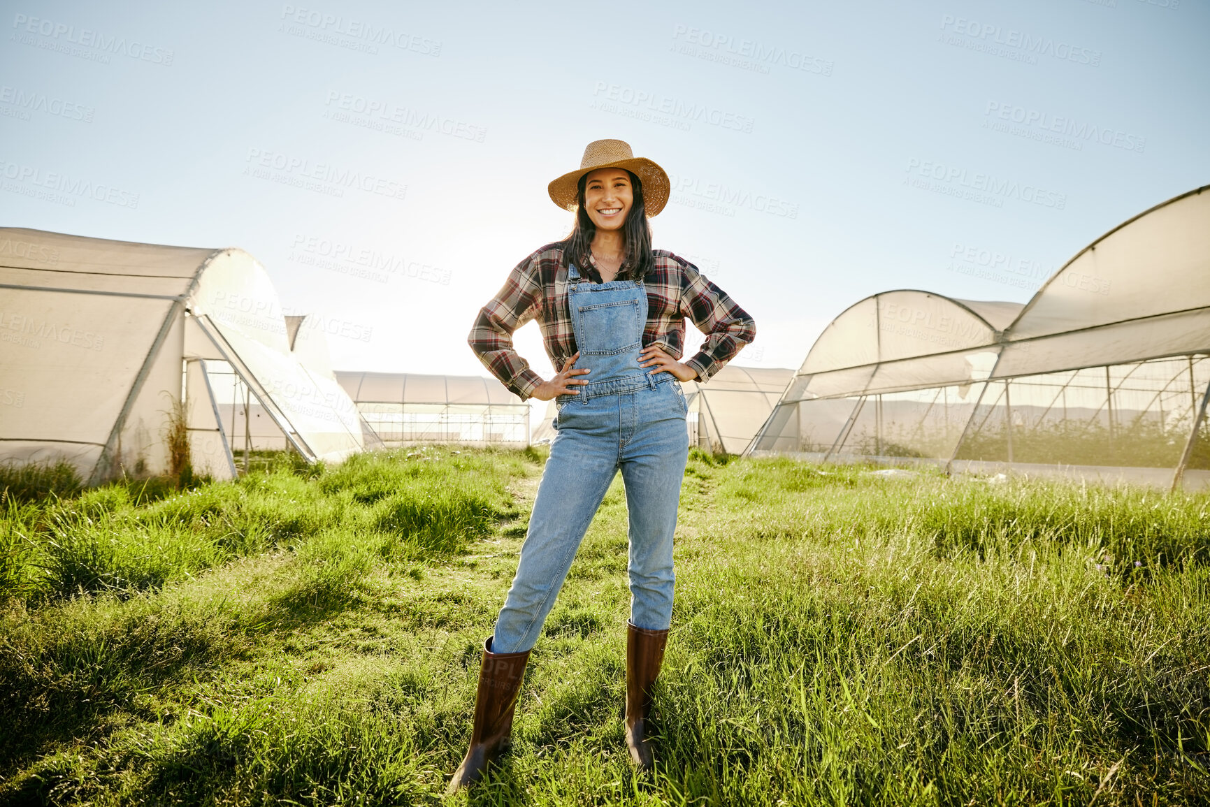 Buy stock photo Greenhouse, agriculture farmer woman in proud and happy portrait with a vision for success and sustainable agriculture development. Sustainability and eco worker or entrepreneur farming in summer