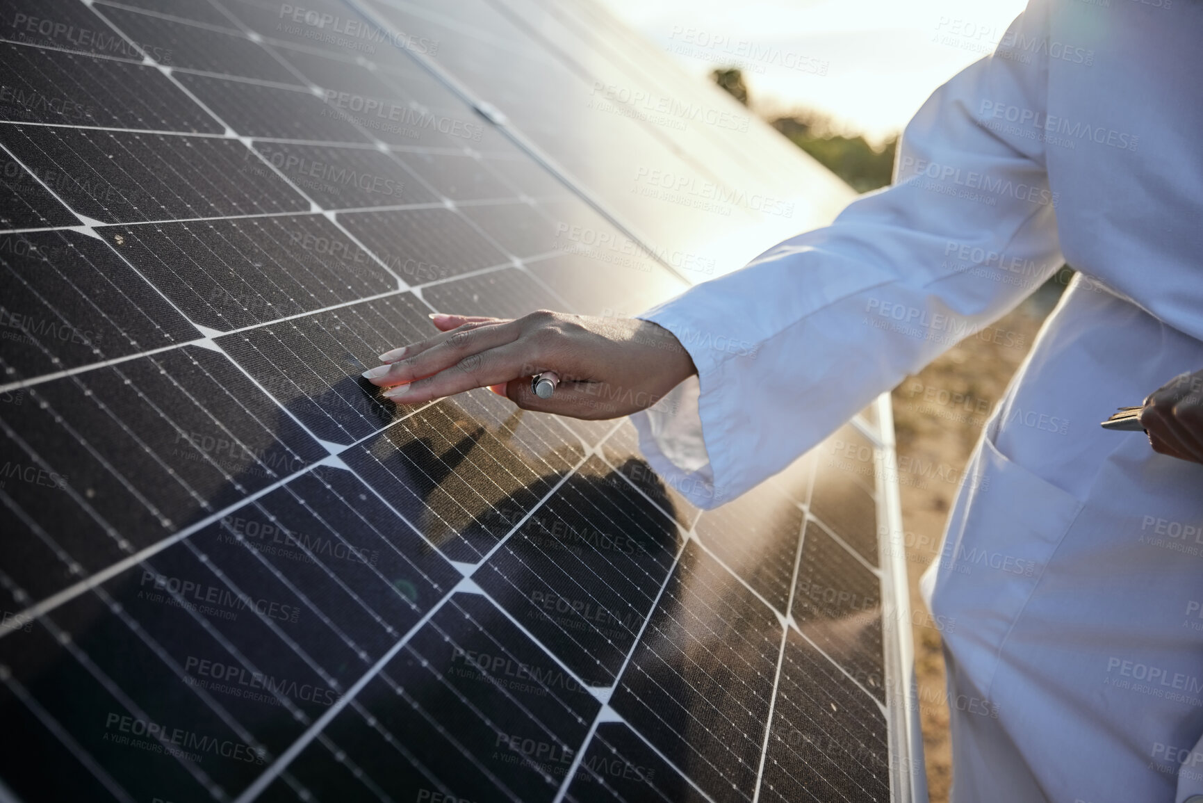 Buy stock photo Sun solar panel, solar energy and electricity is future innovation in technology, renewable energy, and environment sustainability. Research development on eco friendly and futuristic energy or power