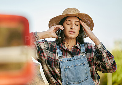 Buy stock photo Farmer, stress and phone call with woman working in the agriculture industry hears bad news about crop sustainability. Countryside, green field worker anxious about economy growth on farming business