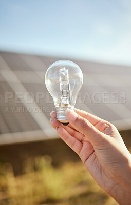 Buy stock photo Mockup of hand with light bulb for solar energy in nature, sustainability for green change and clean energy for future environment. Research in sustainable industry and innovation with electricity