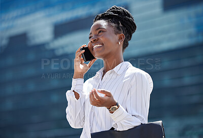 Buy stock photo Communication, success and a woman on a smartphone with a smile. A city girl, happy on a business phone call outside the office and in the sun. Black woman and corporate employee talking on a mobile