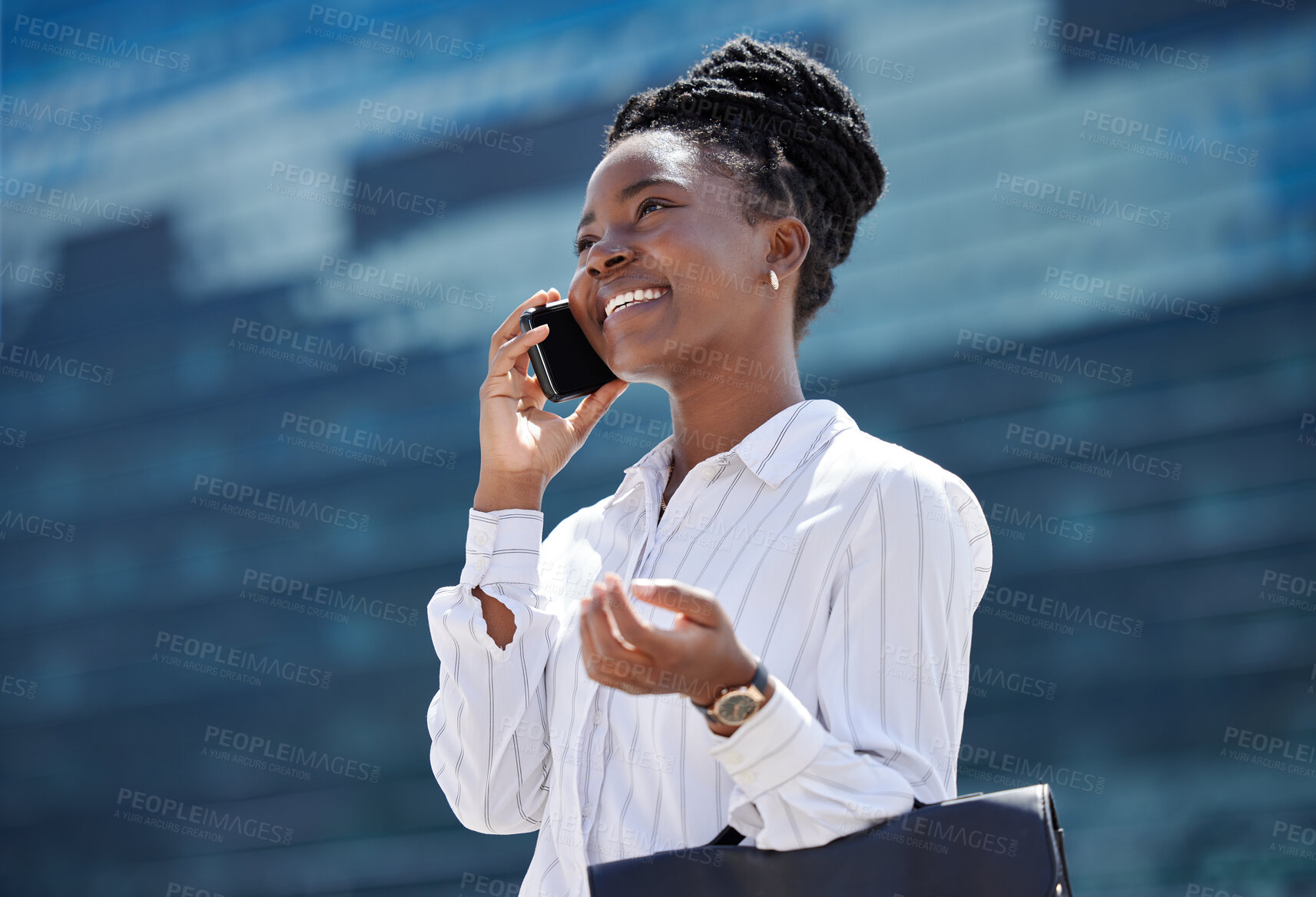 Buy stock photo Communication, success and a woman on a smartphone with a smile. A city girl, happy on a business phone call outside the office and in the sun. Black woman and corporate employee talking on a mobile