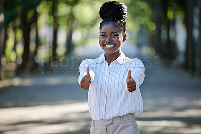 Buy stock photo Thumbs up, motivation and success with a young business woman standing outside. Yes, thank you or we are hiring and a worker with a hand sign as a winner, in agreement or achievement of a goal