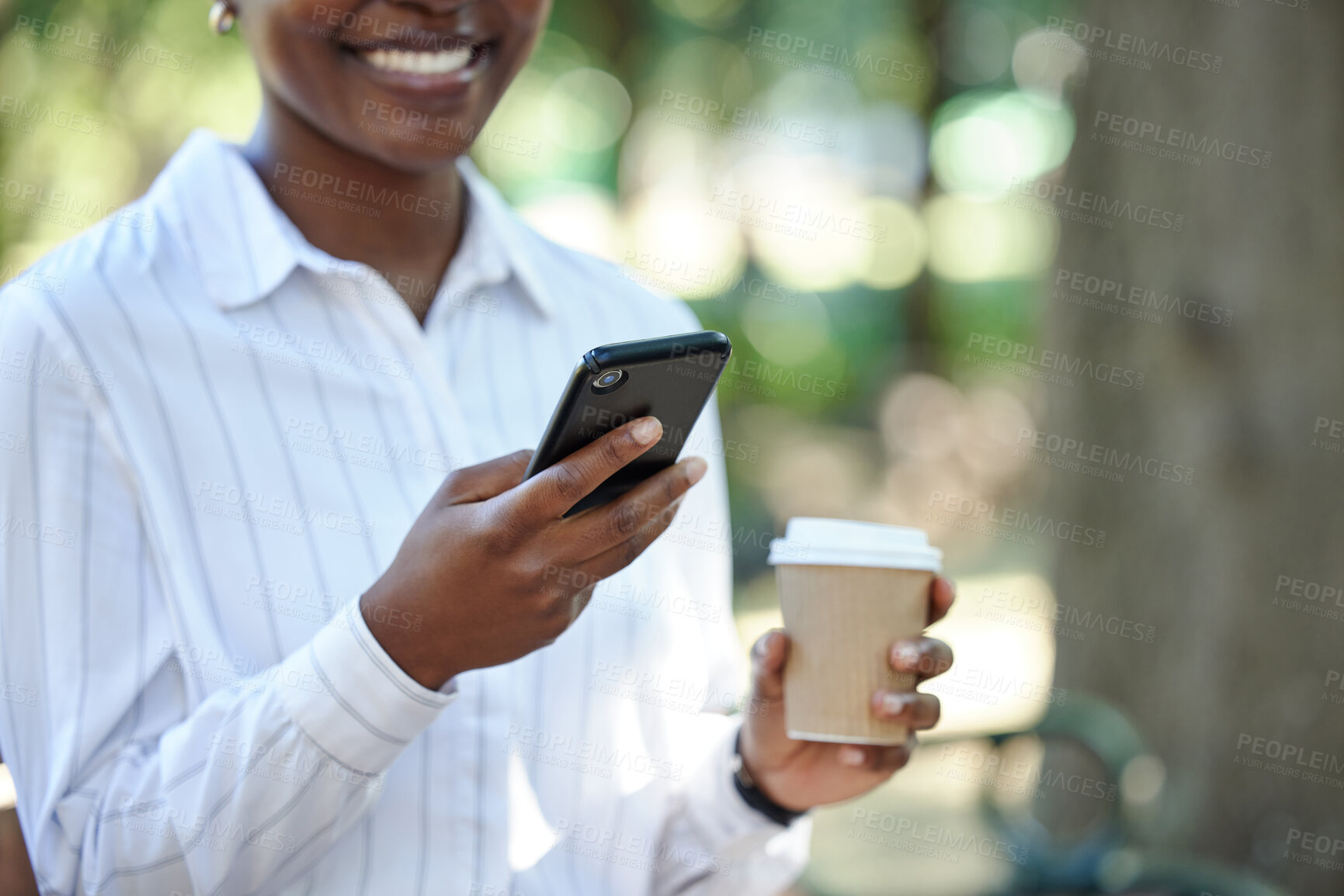 Buy stock photo Communication, phone and networking woman on coffee break while browsing, sharing business contact or scrolling on social media or banking app. Entrepreneur hands typing message on contact us website