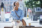 Business woman talking on 5g phone call in urban city, thinking during conversation and speaking to transportation. Happy African worker with smile networking on smartphone and communication