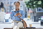 Phone, social media break and funny woman smile looking at a phone busy texting and laughing at content. Business female after work on 5g internet, online communication and web search in a city