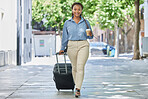 Business woman travel to airport, hotel or office for corporate success of black entrepreneur and happy worker with motivation. Portrait of young professional walking in city street with suitcase bag