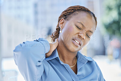 Buy stock photo Woman manager with stress and pain in her neck while standing outside the office building. Female business leader at work with aching muscle in need of a wellness massage or a medical doctor for help