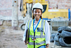 Happy engineer, construction worker or architect woman feeling proud and satisfied with career opportunity. Portrait of black building management employee or manager working on a project site