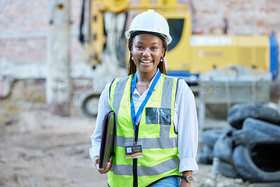 Buy stock photo Happy engineer, construction worker or architect woman feeling proud and satisfied with career opportunity. Portrait of black building management employee or manager working on a project site