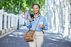 Business woman typing on 5g phone, networking and communication with worker reading a message on facebook or WhatsApp in city. Happy African corporate employee worker with smile on social media