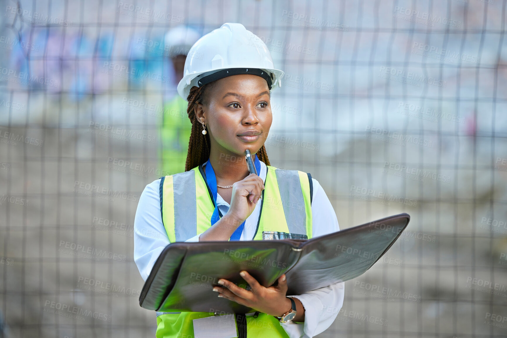 Buy stock photo Construction worker, maintenance and development woman thinking with documents at work. Building management employee with a vision for improvement or plan for contractor or builder at the job site.