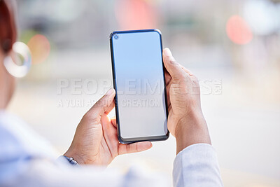 Buy stock photo Phone, mock up screen and blank website for communication, advertising and social media marketing with woman browsing, texting or using mobile app. Closeup hands of woman showing contact us webpage