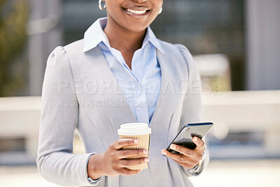 Buy stock photo Happy black woman hands typing on phone in city on social media on work break with coffee cup. Entrepreneur browse internet or online web, writing business email sms message or texting on smartphone.