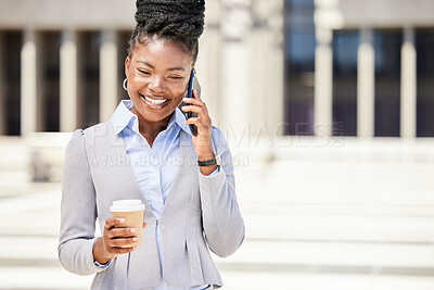 Buy stock photo Happy business woman on a phone call and drinking coffee while outside in the city, happy and confident. Young entrepreneur planning with investors, discussing strategy and innovative idea