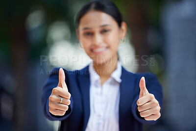 Buy stock photo Thumbs up, blurred and working woman does agree by doing hand gesture to express she is happy. Employee likes and smiles about good news about reaching best professional career goal at work.