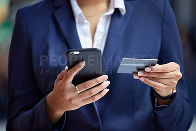 Buy stock photo Business woman hands online shopping on phone use ecommerce credit card internet payment. Accounting executive make online store web purchase. Fintech technology for company finance bills or invoice.