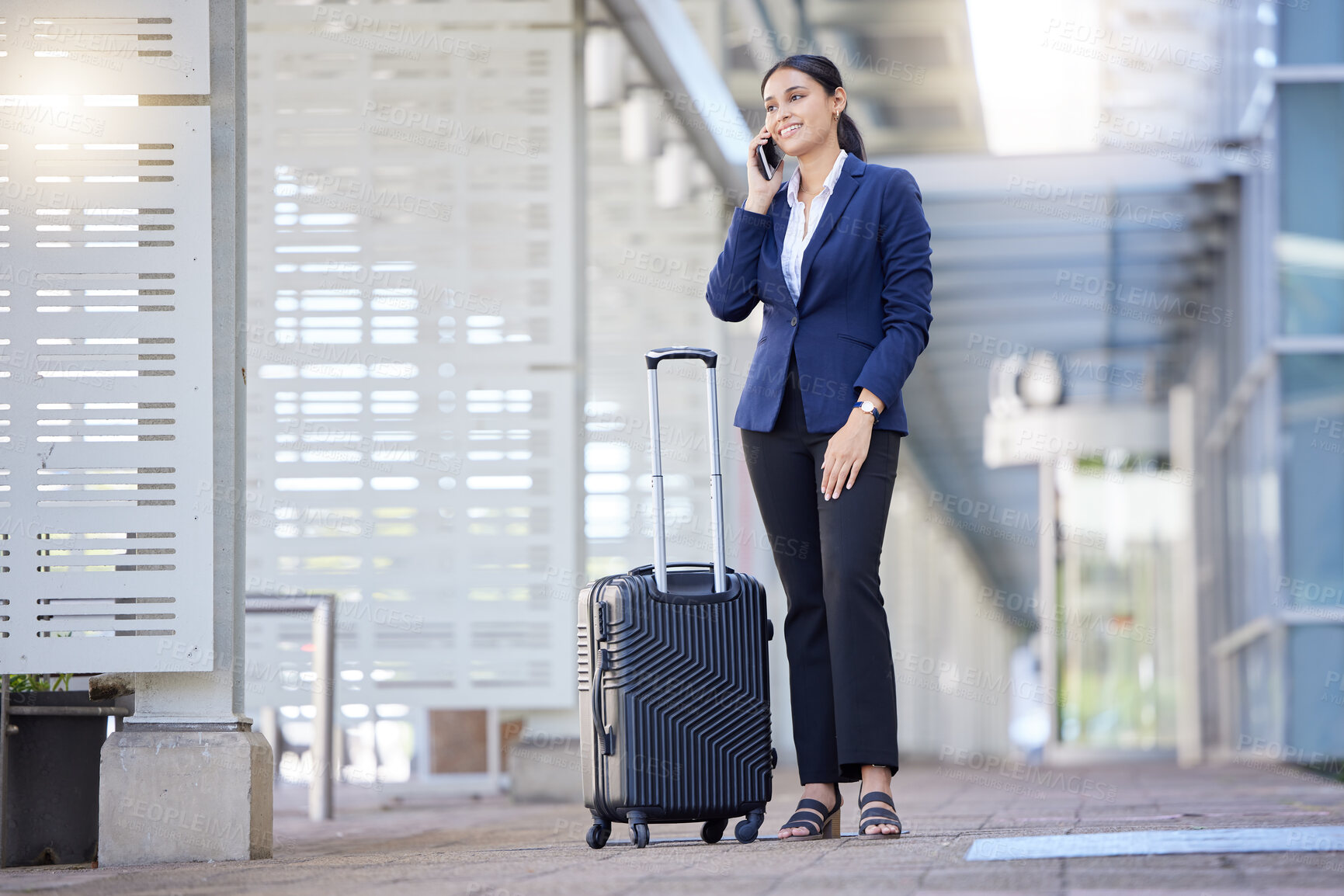 Buy stock photo Travel business woman on phone call, communication for work and working with luggage at airport. Thinking corporate employee and worker speaking or talking on mobile and smartphone in hand with smile