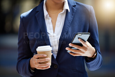 Buy stock photo Coffee break and phone in hands of a business woman reading email, online internet notification or communication for contact us background. Corporate marketing professional worker with a cellphone