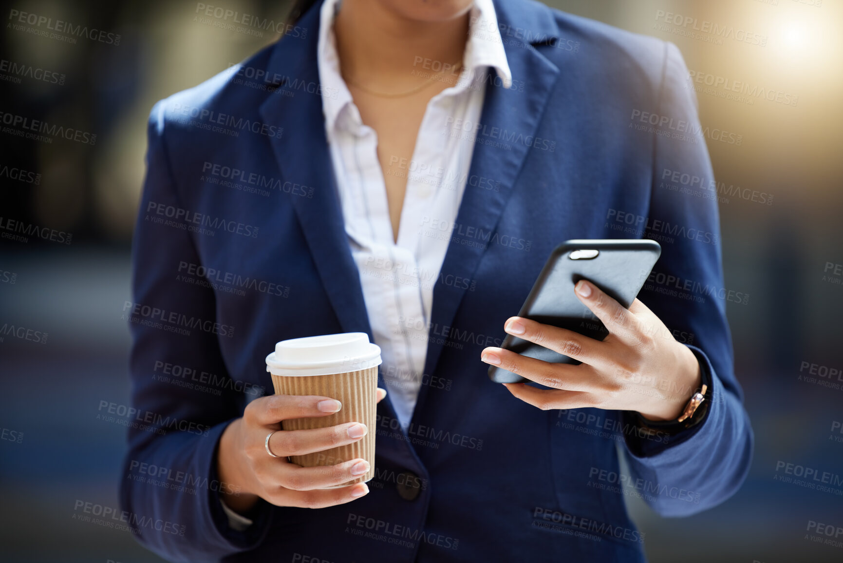 Buy stock photo Coffee break and phone in hands of a business woman reading email, online internet notification or communication for contact us background. Corporate marketing professional worker with a cellphone