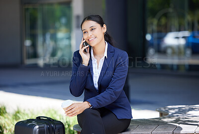 Buy stock photo Contact, strategy and phone call by woman travel business, planning while sitting in a city on a coffee break. Happy entrepreneur discussing project management while on a commute to a meeting in town