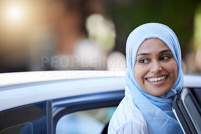Buy stock photo Muslim business woman using car to travel for transport in urban city, thinking of location and happy on work trip. Face of Arab and Islamic worker in taxi cab with smile and working as entrepreneur