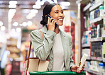 Supermarket store customer talking on phone shopping and searching local retail for healthy, wellness and personal hygiene shampoo. Smile and happy woman looking at routine grooming products for sale
