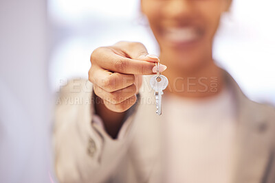 Buy stock photo Real estate, realtor and house key in hand for homeowner as mortgage investment, finance loan and future home security. Closeup of broker woman, insurance worker and estate manager in new property