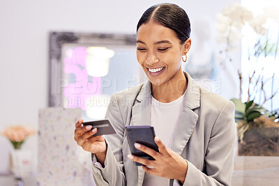 Buy stock photo Woman online shopping on phone with ecommerce credit card internet payment method. Female pay bills, buying or making website store purchase. Happy customer check balance on bank digital money app.